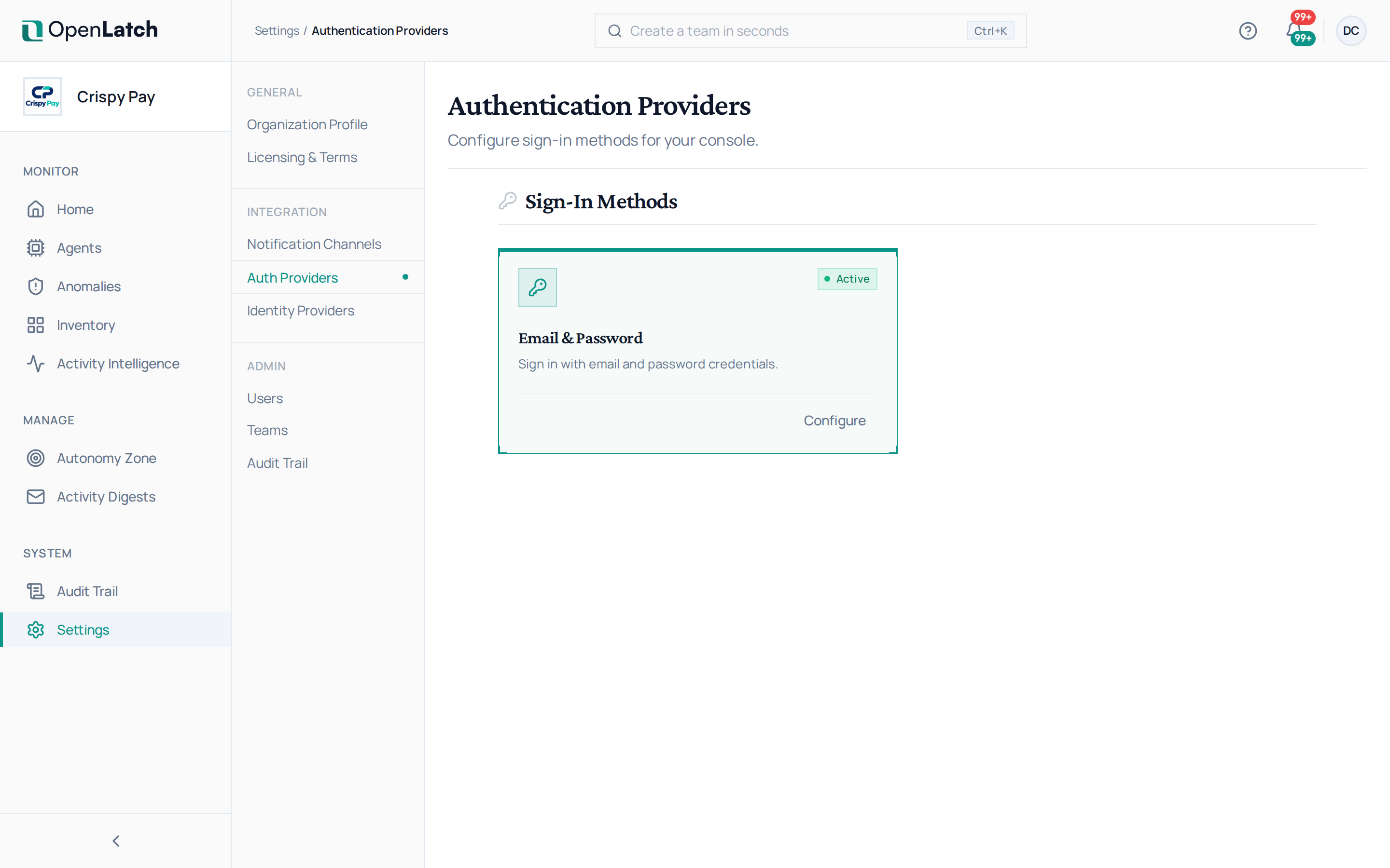 The SAML SSO settings page of the OpenLatch console, in the Crispy Pay demo organization.