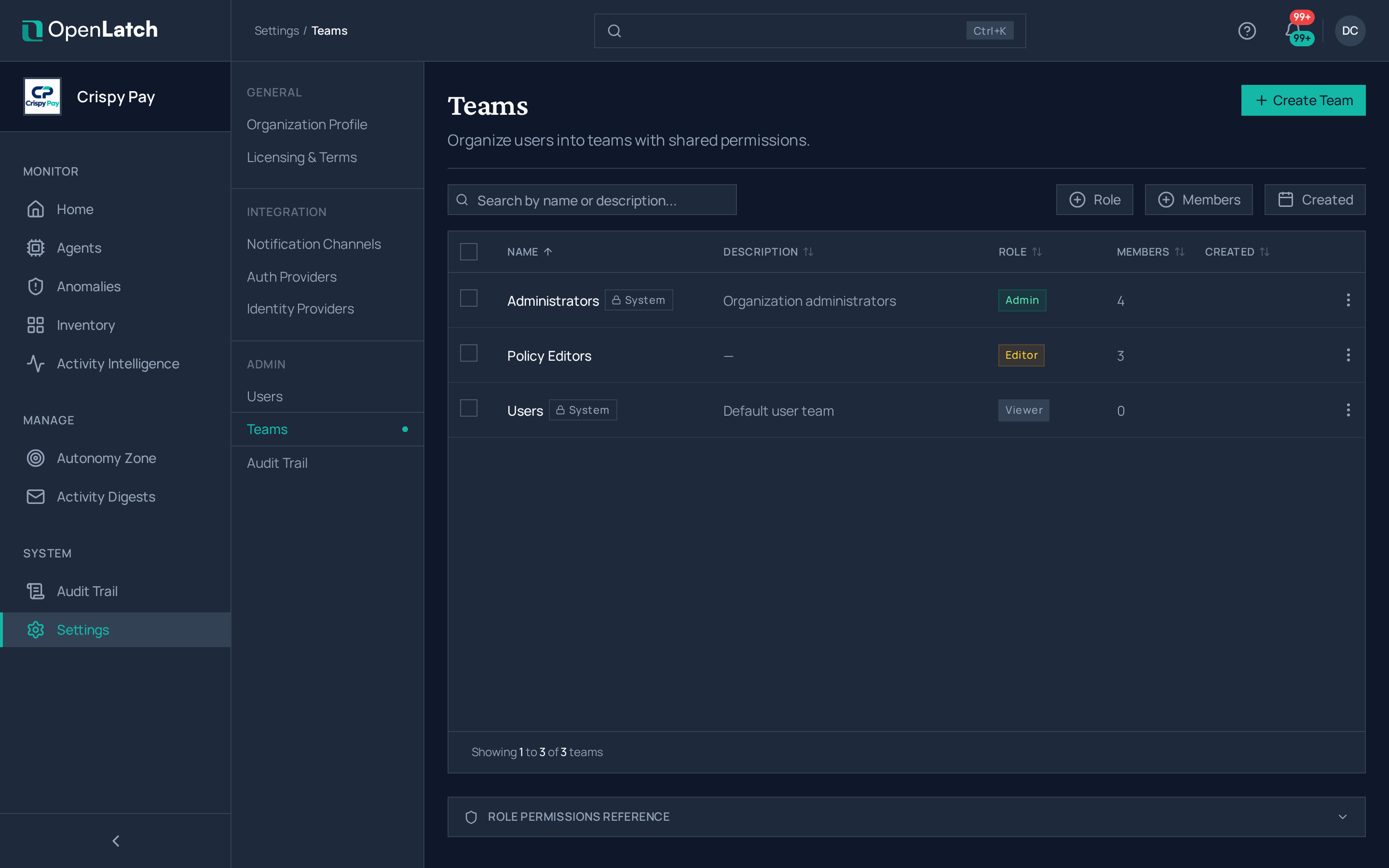 The Teams settings page of the OpenLatch console, in the Crispy Pay demo organization.