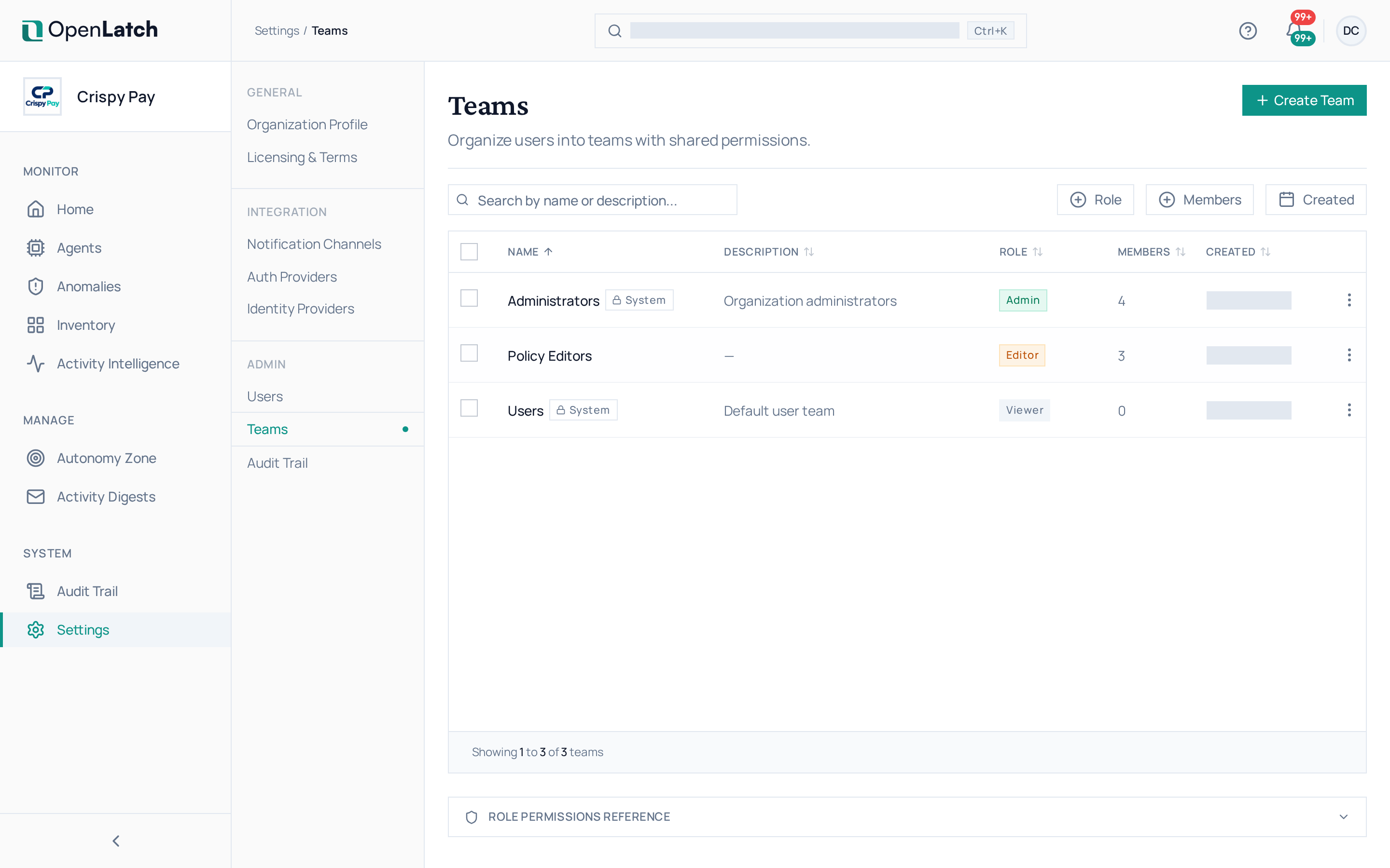 The Teams settings page of the OpenLatch console, in the Crispy Pay demo organization.