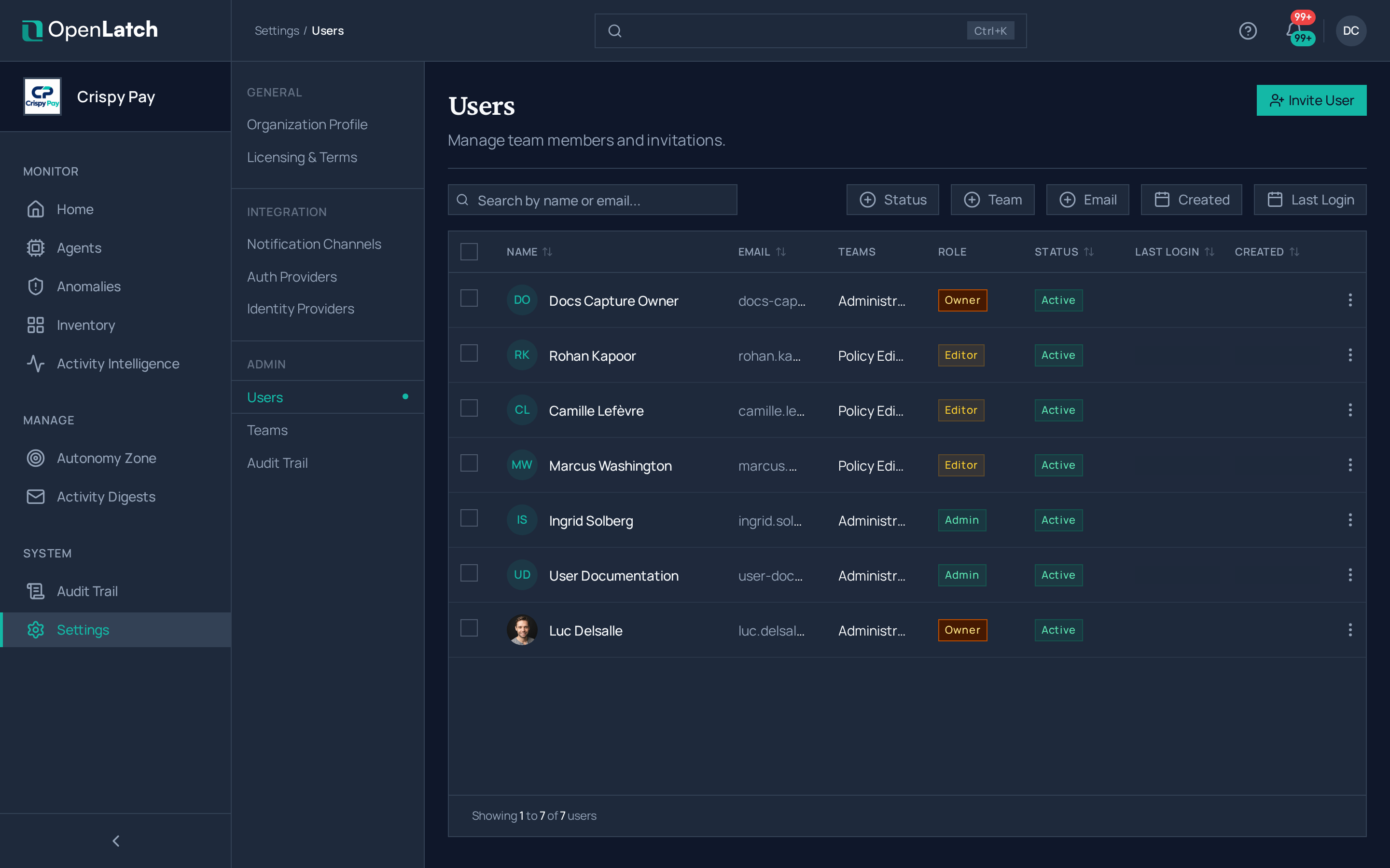 The Users settings page of the OpenLatch console, in the Crispy Pay demo organization.