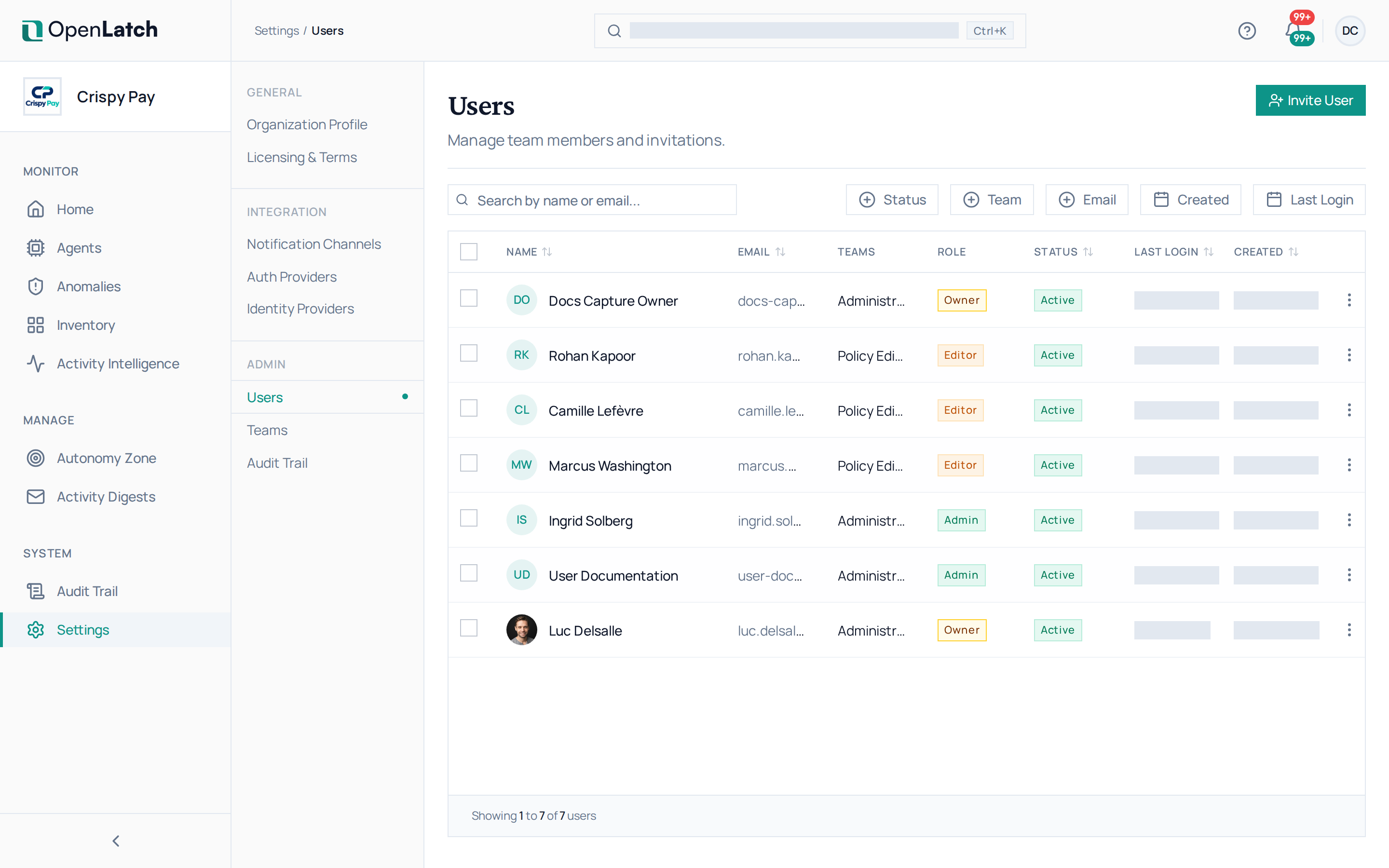The Users settings page of the OpenLatch console, in the Crispy Pay demo organization.