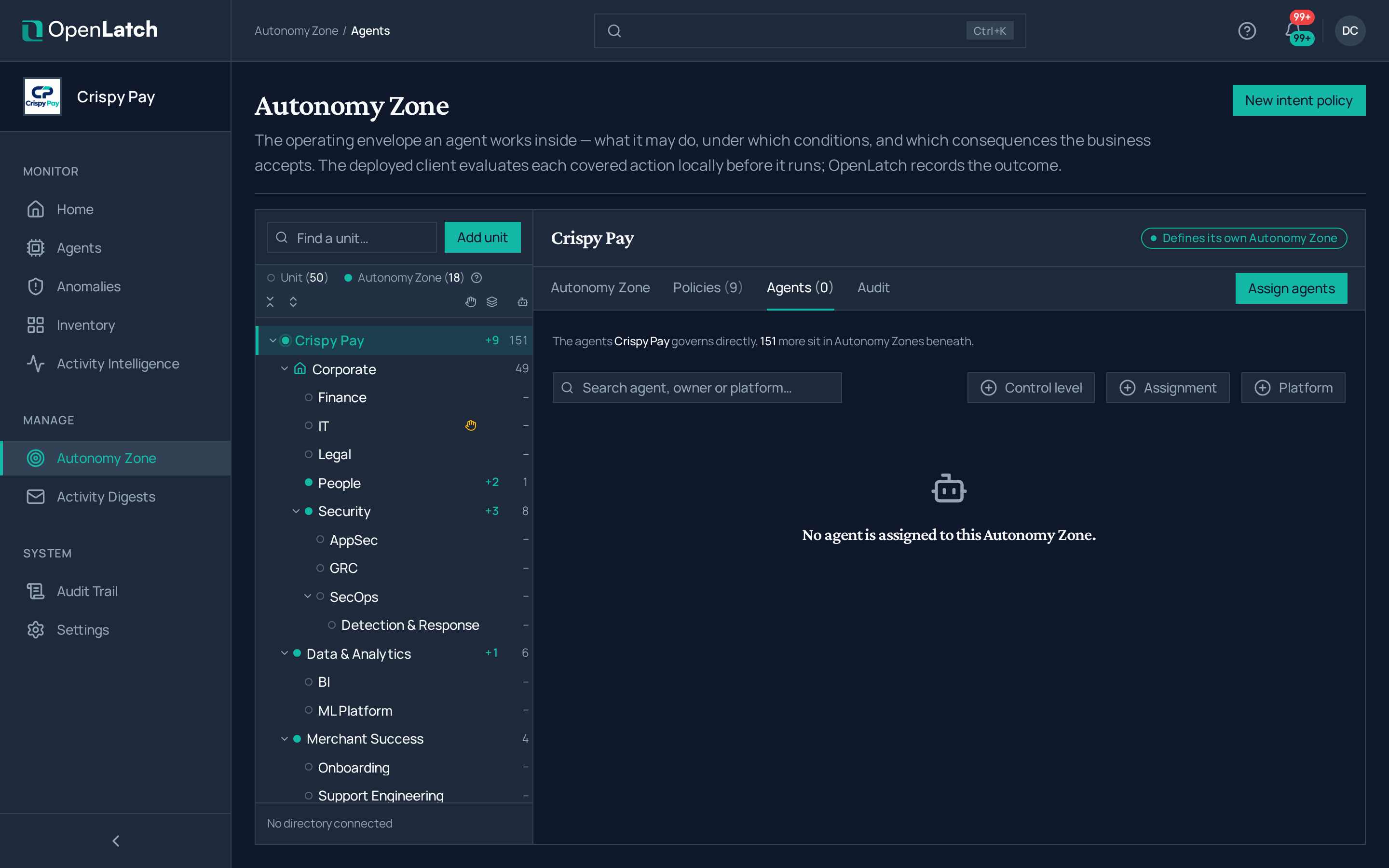 The Autonomy Zone agents page of the OpenLatch console, in the Crispy Pay demo organization.