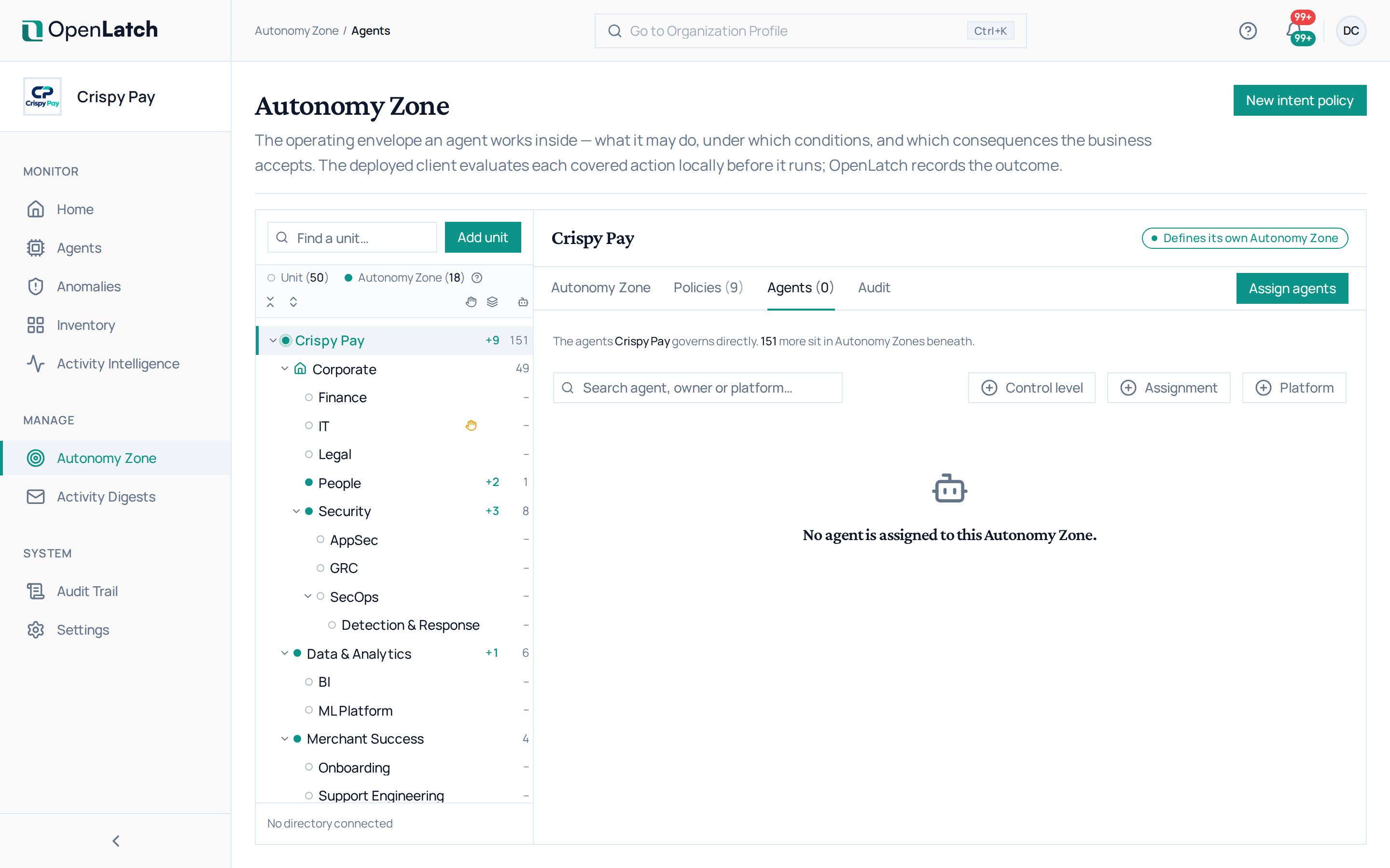 The Autonomy Zone agents page of the OpenLatch console, in the Crispy Pay demo organization.