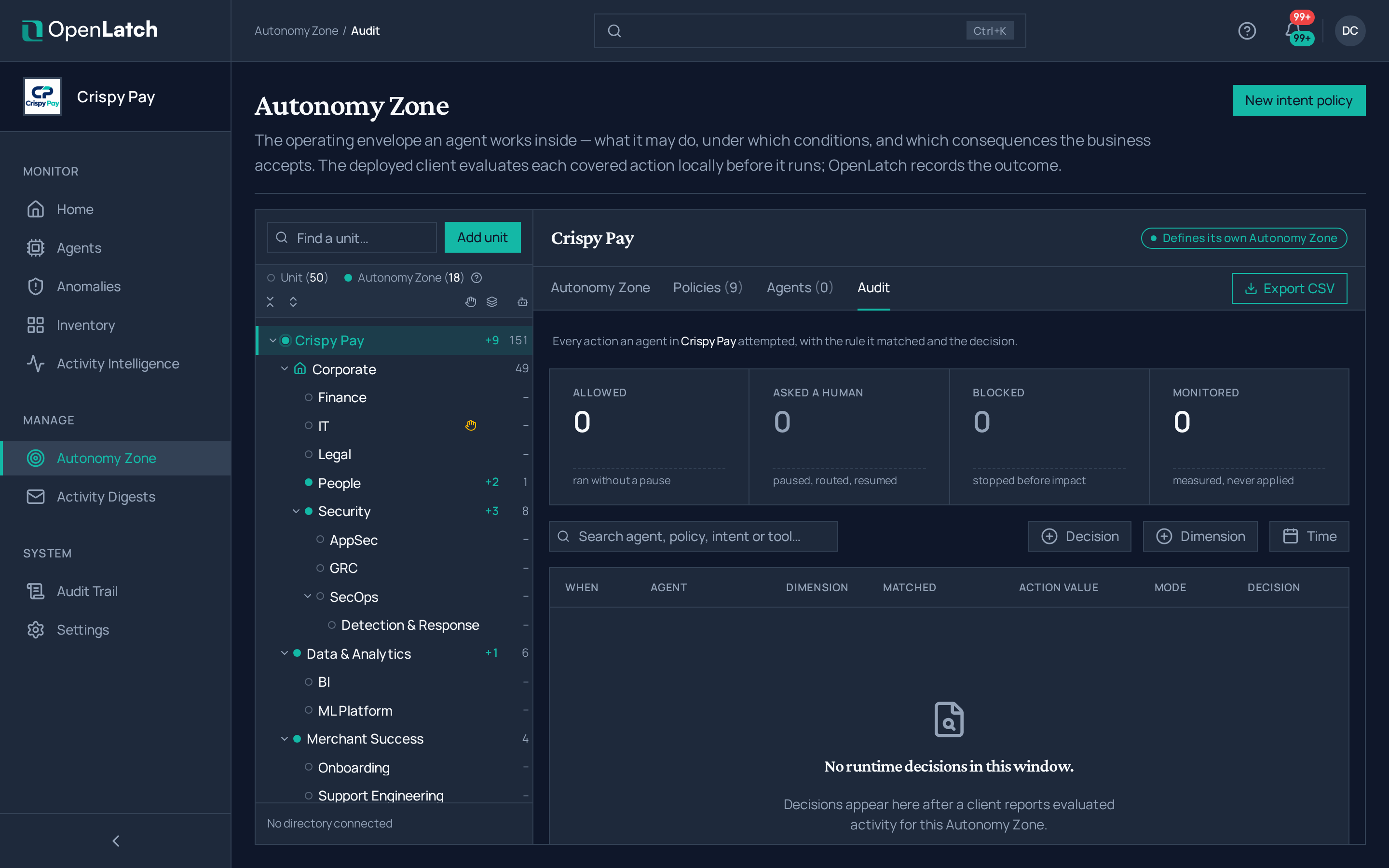 The Autonomy Zone audit page of the OpenLatch console, in the Crispy Pay demo organization.