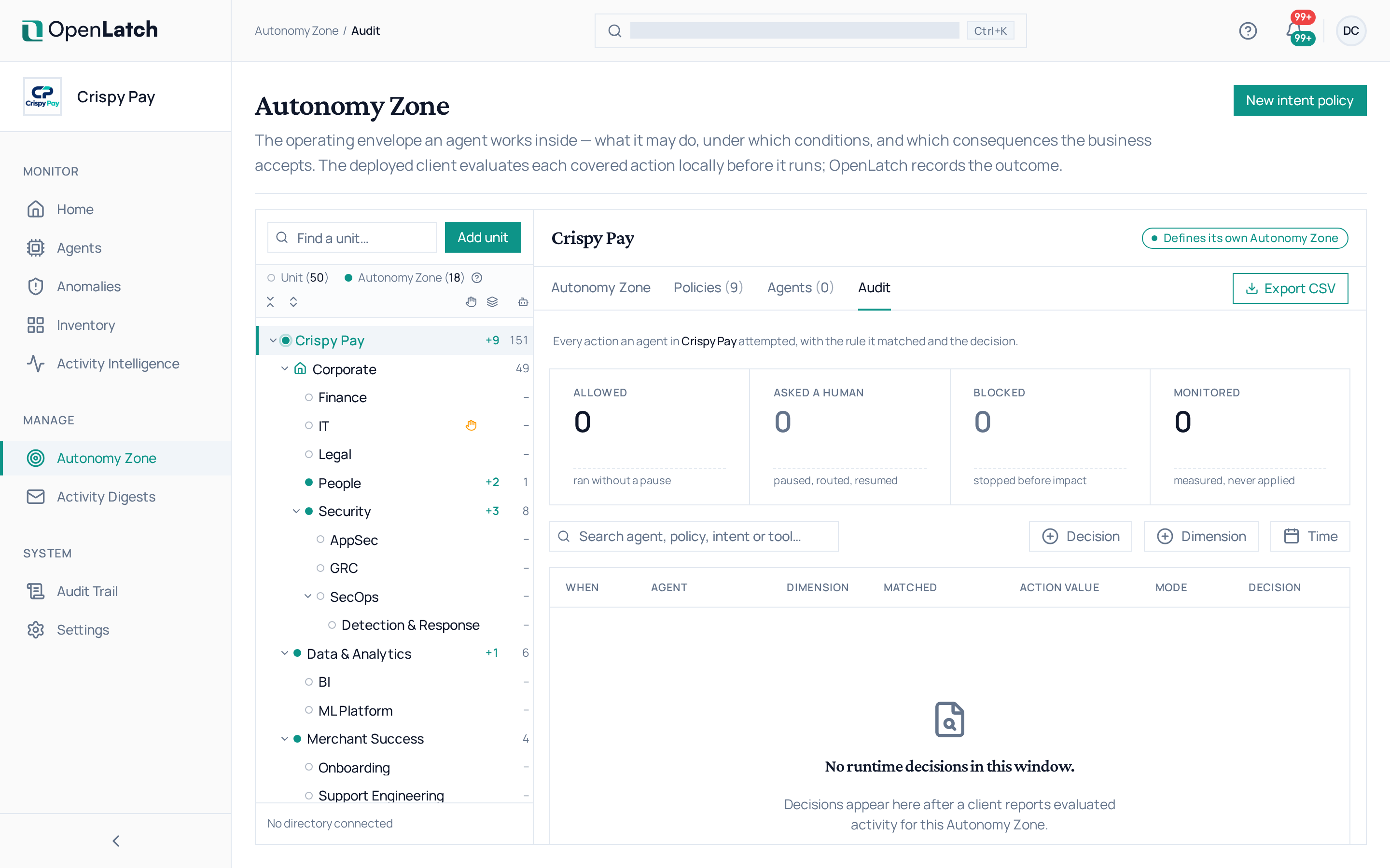The Autonomy Zone audit page of the OpenLatch console, in the Crispy Pay demo organization.