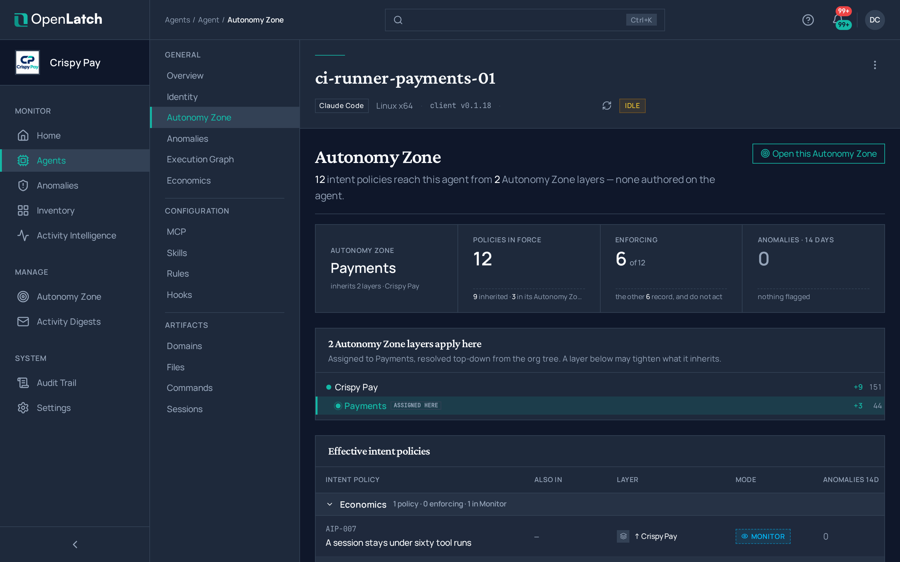 The Autonomy Zone tab of an agent in the OpenLatch console, in the Crispy Pay demo organization.