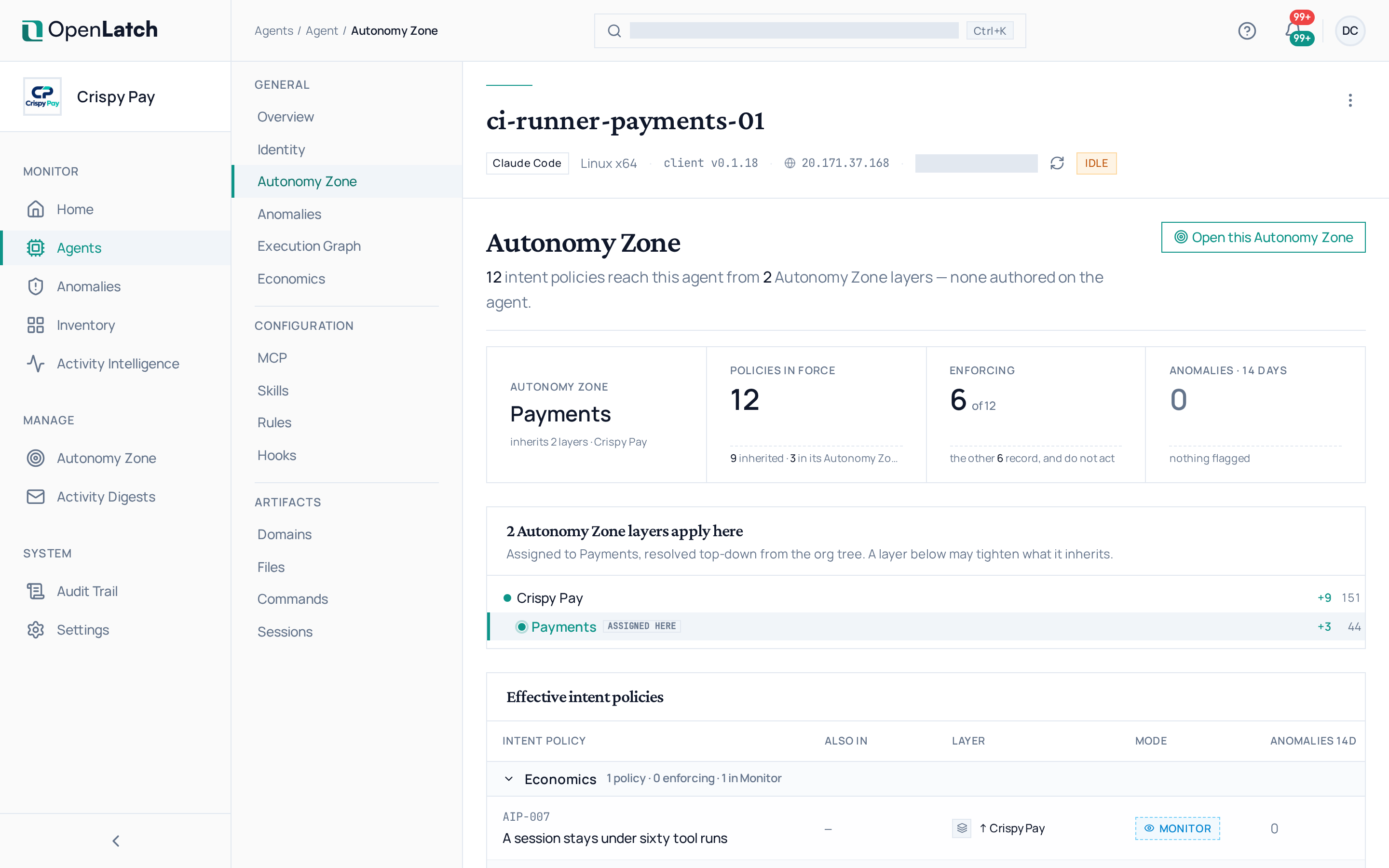 The Autonomy Zone tab of an agent in the OpenLatch console, in the Crispy Pay demo organization.