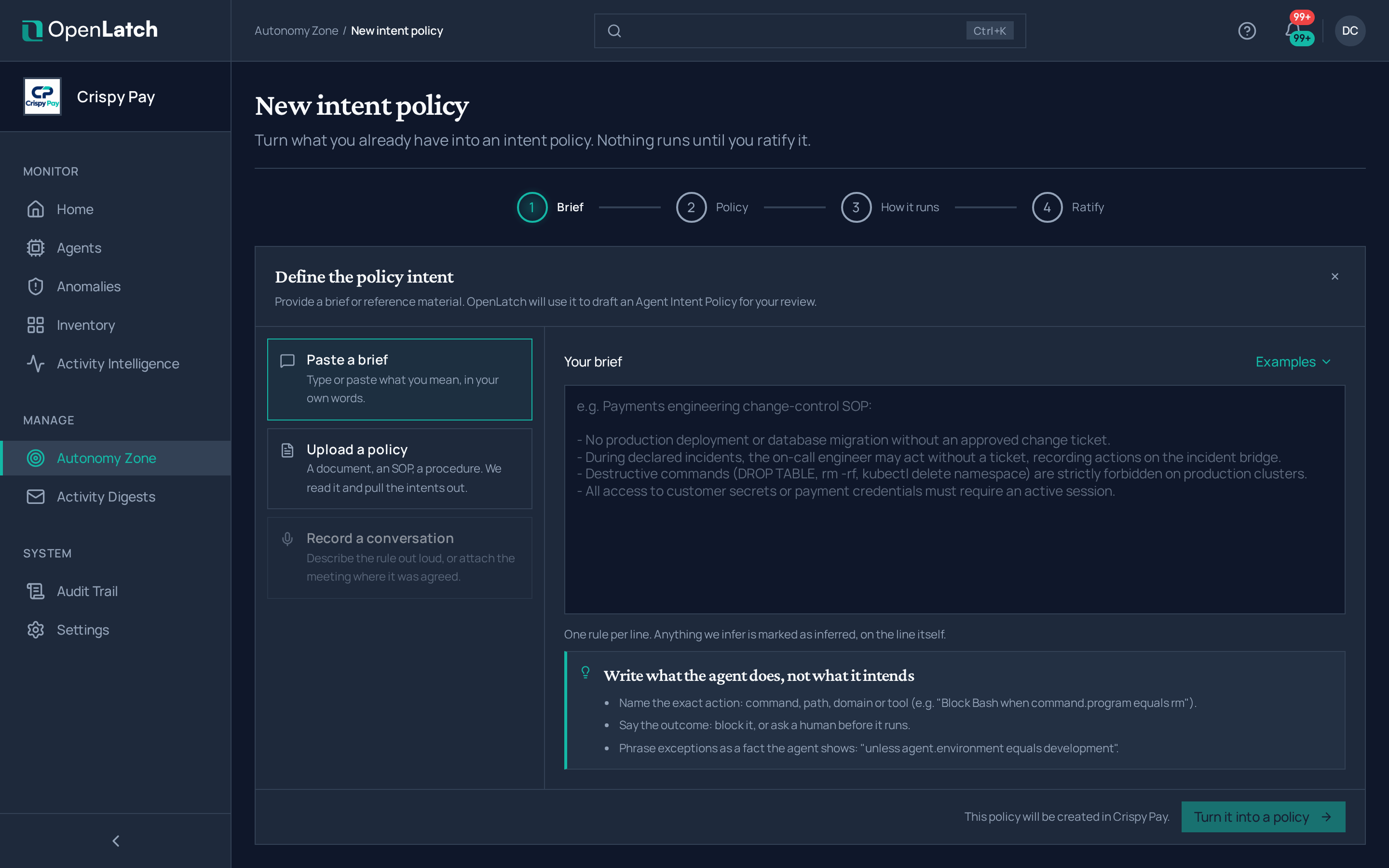 The New intent policy page of the OpenLatch console, in the Crispy Pay demo organization.