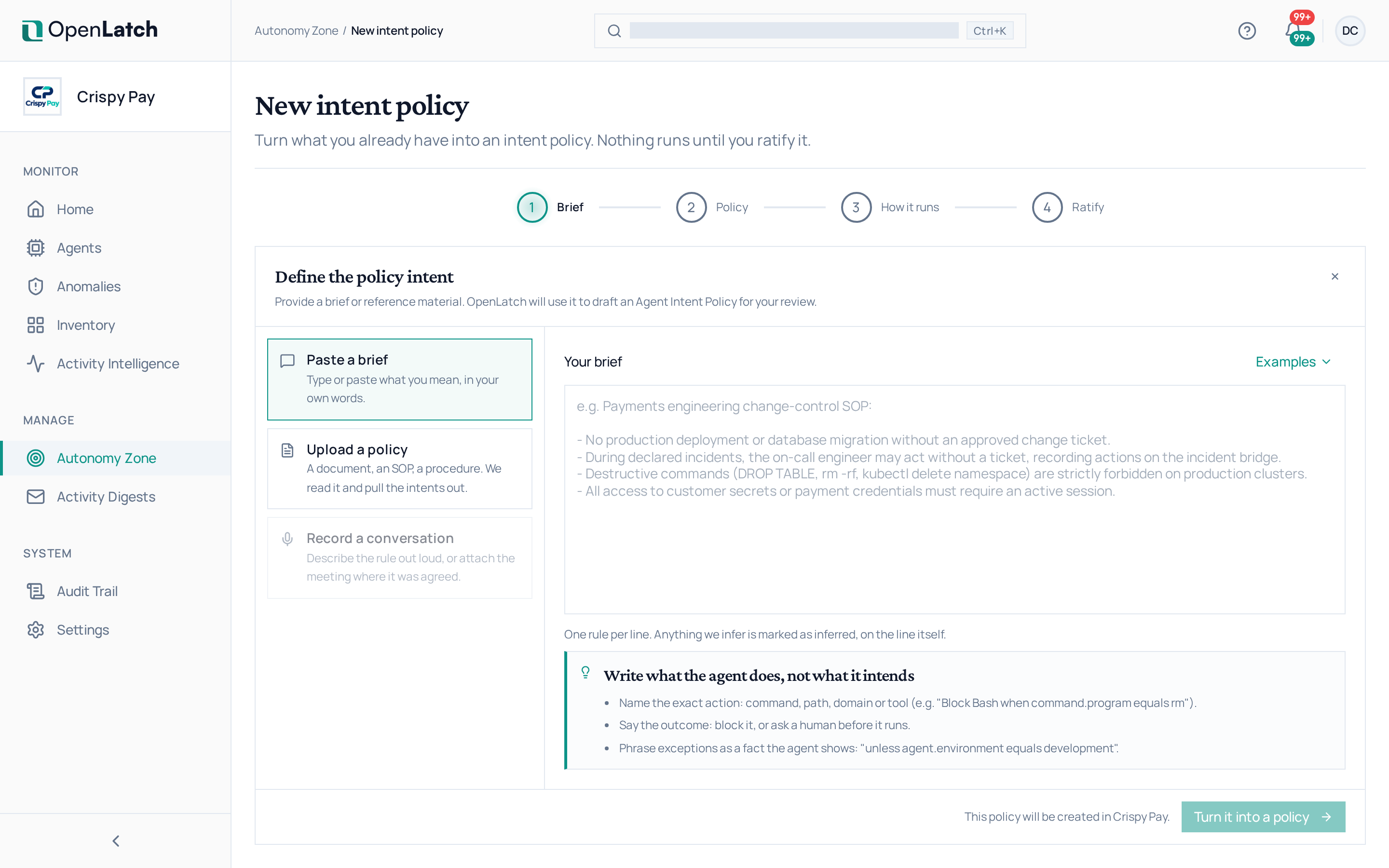 The New intent policy page of the OpenLatch console, in the Crispy Pay demo organization.
